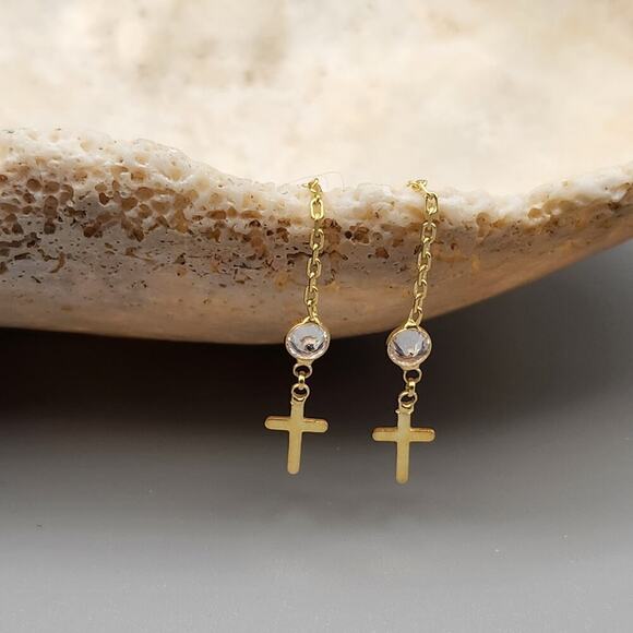 925 Sterling Silver Gold Cross Earrings | Stone Detail | Threader Chain Style - Picture 5 of 7